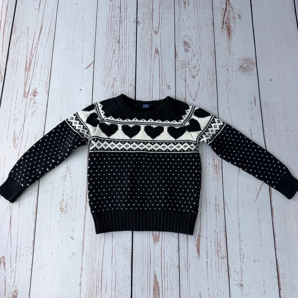 BabyGap Toddler Girls Black White Heart Intarsia Cotton Knit Sweater 4T